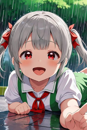 loli , happy face, twintails, gray hair, red_eyes, down_view, rain park, white shirt, green skirt, lying, sticking_out_tongue, 