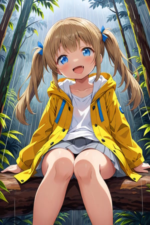 loli , happy face, twintails, yellow brown hair, blue_eyes, down_view, rain forest, white shirt, gray skirt, yellow raincoat, sticking_out_tongue, sitting, leg_spread