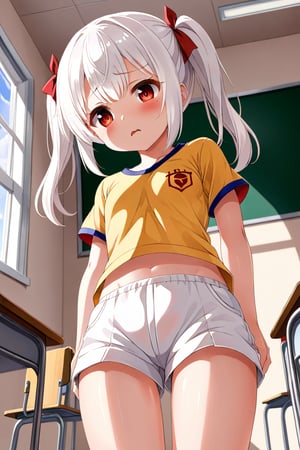 loli , lewd face, white hair, red_eyes, twintails, down_view, classroom, yellow shirt, white shorts, 