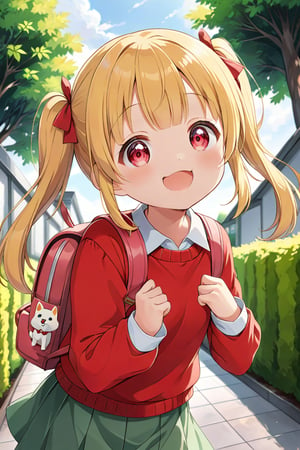 loli, happy face, yellow hair, red_eyes, twintails, down_view, gray garden, green skirt, white shirt, red sweater, pink backpack, dog_pose