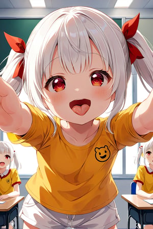 loli , happy face, white hair, red_eyes, twintails, down_view, classroom, yellow shirt, white shorts, sticking_out_tongue, hands_raised