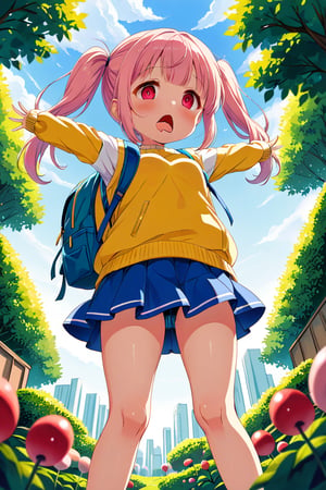 loli, lewd face, pink hair, red_eyes, twintails, down_view, green garden, blue skirt, white shirt, yellow sweater, blue backpack, quatting, sticking_out_tongue, arms_raised, 