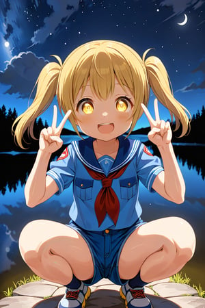 2_girls. loli hypnotized, happy_face, yellow_hair, brown hair, front_view, twin_tails, yellow_eyes, night lake, scout, blue shirt, blue short pants, squatting, peace fingers