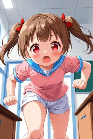 loli , surprise face, brown hair, red_eyes, twintails, down_view, classroom, pink shirt, white shorts, running