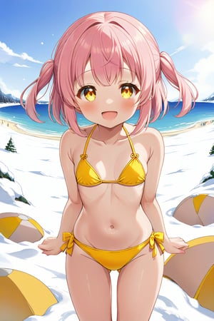 loli, happy face,  yelloe pink hair, yellow_eyes, front_view, snow beach, yellow bikini