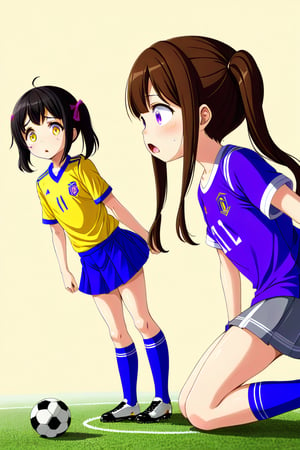 2_girls. loli hypnotized, sad_face, black_hair, brown hair, side_view, twin_tails, yellow_eyes, soccer, purple shirt, gray skirt, sticking_out_tongue, crouched, open_legs