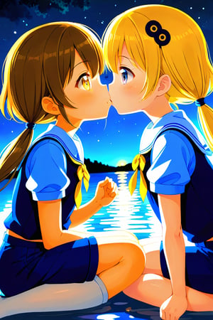2_girls. loli hypnotized, happy_face, yellow_hair, brown hair, side_view, twin_tails, yellow_eyes, night lake, scout, blue shirt, blue short pants, lying, kissing