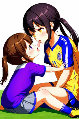 2_girls. loli hypnotized, sad_face, black_hair, brown hair, side_view, twin_tails, yellow_eyes, soccer, purple shirt, gray skirt, sticking_out_tongue, kissing, sitting