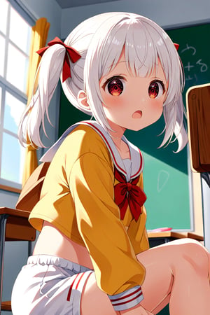 loli , surprise face, white hair, red_eyes, twintails, down_view, classroom, yellow shirt, white shorts, sitting