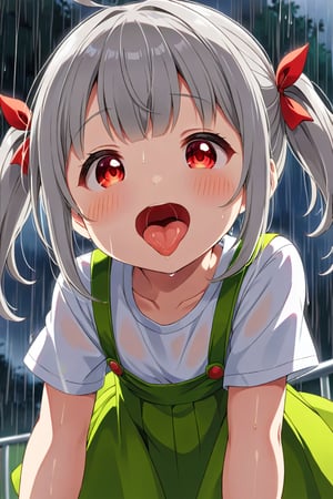 loli , happy face, twintails, gray hair, red_eyes, down_view, rain park, white shirt, green skirt, sticking_out_tongue, saliva_string