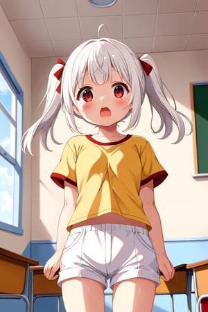 loli , surprise face, white hair, red_eyes, twintails, down_view, classroom, yellow shirt, white shorts, 