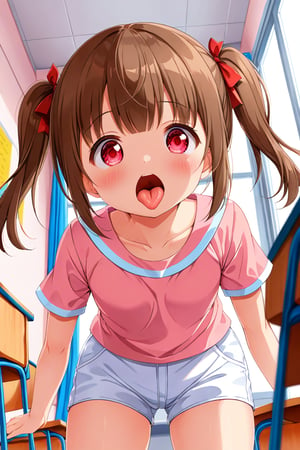 loli , surprise face, brown hair, red_eyes, twintails, down_view, classroom, pink shirt, white shorts, sticking_out_tongue