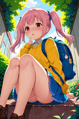 loli, lewd face, pink hair, red_eyes, twintails, down_view, green garden, blue skirt, white shirt, yellow sweater, blue backpack, sitting, legs