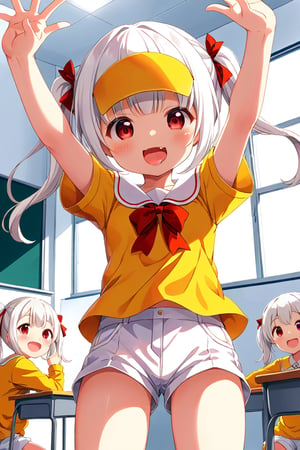 loli , happy face, white hair, red_eyes, twintails, down_view, classroom, yellow shirt, white shorts, sticking_out_tongue, hands_raised