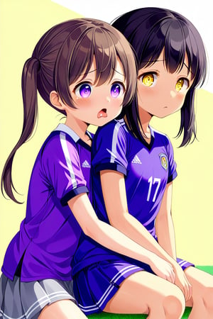 2_girls. loli hypnotized, sad_face, black_hair, brown hair, side_view, twin_tails, yellow_eyes, soccer, purple shirt, gray skirt, sticking_out_tongue, hugging, sitting