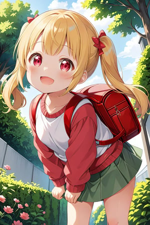 loli, happy face, yellow hair, red_eyes, twintails, down_view, gray garden, green skirt, white shirt, red sweater, pink backpack, dog_pose