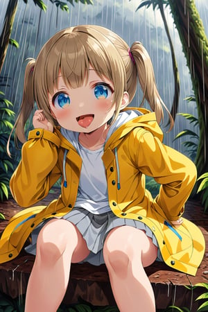 loli , happy face, twintails, yellow brown hair, blue_eyes, down_view, rain forest, white shirt, gray skirt, yellow raincoat, sticking_out_tongue, sitting, leg_spread