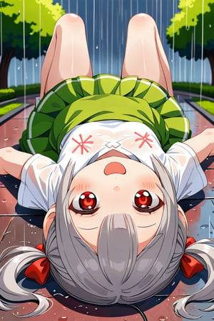 loli , happy face, twintails, gray hair, red_eyes,up_view, rain park, white shirt, green skirt, lying, sticking_out_tongue, 