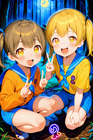 2_girls. loli hypnotized, happy_face, yellow_hair, brown hair, front_view, twin_tails, yellow_eyes, night forest, scout, orange shirt, blue short pants, squating, peace fingers, sticking_out_tongue