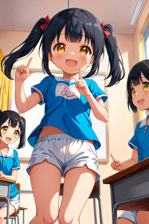 loli , happy face, black hair, yellow_eyes, twintails, down_view, classroom, blue shirt, white shorts, 