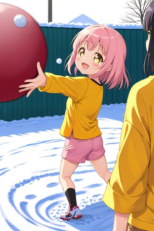 loli, happy face, black hair, yellow_eyes, back_view, snow baseball, pink hair, yellow shirt, brown yellow shorts, throwing balls