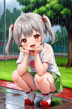 loli , happy face, twintails, gray hair, red_eyes, front_view, rain park, white shirt, green skirt, squatting, sticking_out_tongue, leg_spread, bloomers 