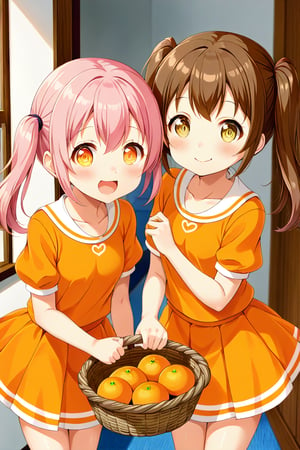 2_girls. loli hypnotized, happy_face, pink_hair, brown hair, front_view, twin_tails, yellow_eyes, basket, orange shirt, orange skirt, 