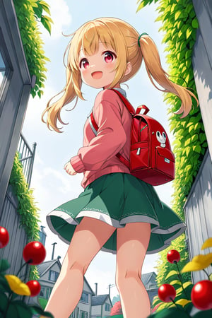 loli, happy face, yellow hair, red_eyes, twintails, down_view, gray garden, green skirt, white shirt, red sweater, pink backpack, 