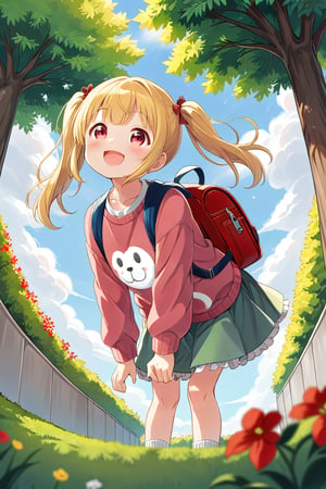 loli, happy face, yellow hair, red_eyes, twintails, down_view, gray garden, green skirt, white shirt, red sweater, pink backpack, dog_pose