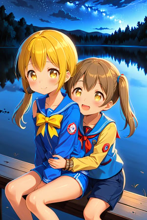 2_girls. loli hypnotized, happy_face, yellow_hair, brown hair, side_view, twin_tails, yellow_eyes, night lake, scout, blue shirt, blue short pants, sitting, hugging