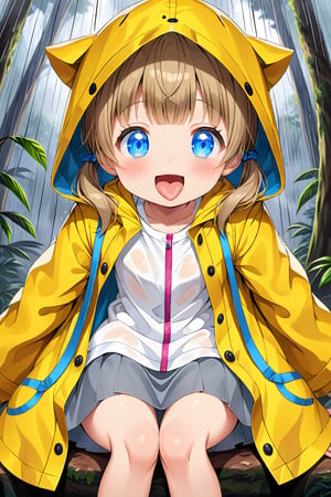 loli , happy face, twintails, yellow brown hair, blue_eyes, down_view, rain forest, white shirt, gray skirt, yellow raincoat, sticking_out_tongue, sitting, leg_spread