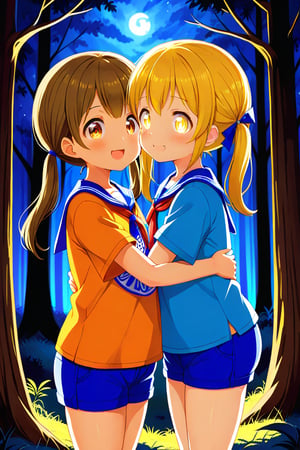 2_girls. loli hypnotized, happy_face, yellow_hair, brown hair, side_view, twin_tails, yellow_eyes, night forest, scout, orange shirt, blue short pants, hugging