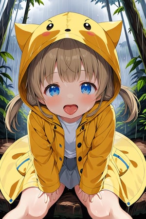 loli , happy face, twintails, yellow brown hair, blue_eyes, down_view, rain forest, white shirt, gray skirt, yellow raincoat, sticking_out_tongue, sitting, leg_spread