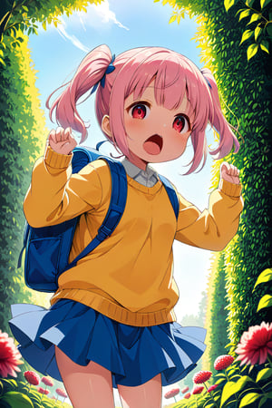 loli, lewd face, pink hair, red_eyes, twintails, down_view, green garden, blue skirt, white shirt, yellow sweater, blue backpack, quatting, sticking_out_tongue, arms_raised, 