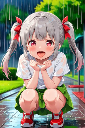 loli , happy face, twintails, gray hair, red_eyes, front_view, rain park, white shirt, green skirt, squatting, sticking_out_tongue, leg_spread, pink panites