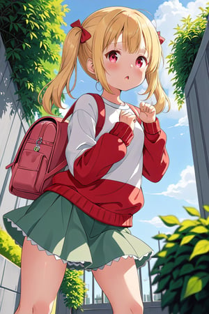 loli, lewd face, yellow hair, red_eyes, twintails, down_view, gray garden, green skirt, white shirt, red sweater, pink backpack, dog_pose