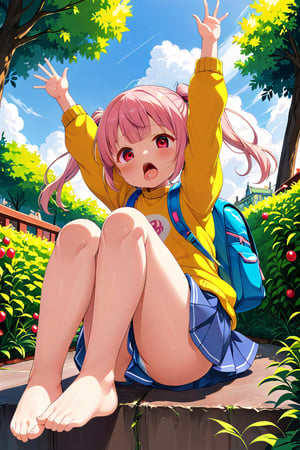 loli, lewd face, pink hair, red_eyes, twintails, down_view, green garden, blue skirt, white shirt, yellow sweater, blue backpack, sitting, legs_spread, sticking_out_tongue, arms_raised,