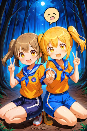 2_girls. loli hypnotized, happy_face, yellow_hair, brown hair, front_view, twin_tails, yellow_eyes, night forest, scout, orange shirt, blue short pants, squating, peace fingers, tongue