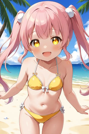 loli, happy face,  yelloe pink hair, twin_tails, yellow_eyes, front_view, snow beach, yellow bikini