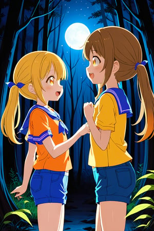 2_girls. loli hypnotized, happy_face, yellow_hair, brown hair, side_view, twin_tails, yellow_eyes, night forest, scout, orange shirt, blue short pants, 