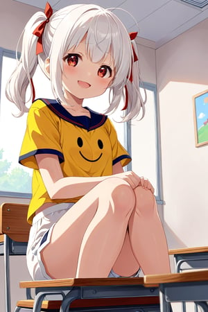 loli , happy face, white hair, red_eyes, twintails, down_view, classroom, yellow shirt, white shorts, sitting