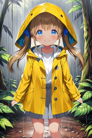 loli , happy face, twintails, yellow brown hair, blue_eyes, front_view, rain forest, white shirt, gray skirt, yellow raincoat