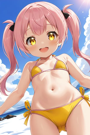 loli, happy face,  yelloe pink hair, twin_tails, yellow_eyes, down_view, snow beach, yellow bikini