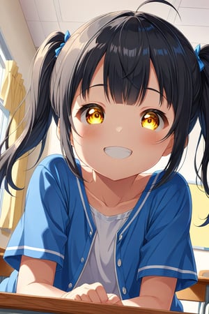 loli , happy face, black hair, yellow_eyes, twintails, down_view, classroom, blue shirt, white shorts, 