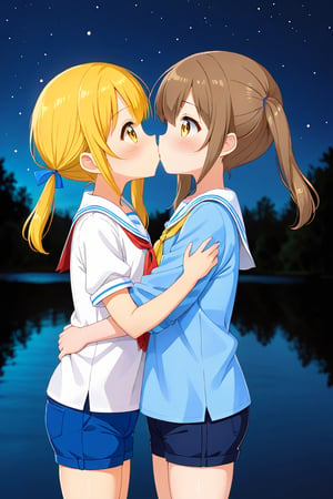2_girls. loli hypnotized, happy_face, yellow_hair, brown hair, side_view, twin_tails, yellow_eyes, night lake, scout, blue shirt, blue short pants, hugging, kissing
