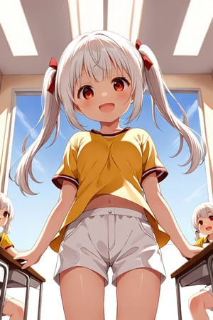 loli , happy face, white hair, red_eyes, twintails, down_view, classroom, yellow shirt, white shorts, 