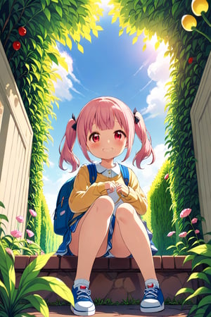 loli, happy face, pink hair, red_eyes, twintails, down_view, green garden, blue skirt, white shirt, yellow sweater, blue backpack, sitting, legs