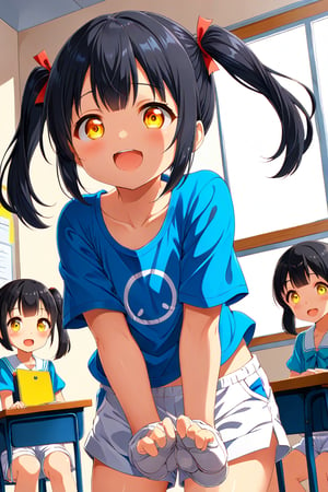 loli , happy face, black hair, yellow_eyes, twintails, down_view, classroom, blue shirt, white shorts, hurted