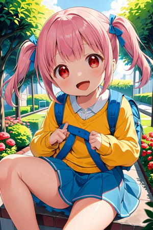 loli, happy face, pink hair, red_eyes, twintails, down_view, green garden, blue skirt, white shirt, yellow sweater, blue backpack, sitting, legs_spread, sticking_out_tongue