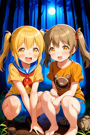 2_girls. loli hypnotized, happy_face, yellow_hair, brown hair, front_view, twin_tails, yellow_eyes, night forest, scout, orange shirt, blue short pants, squating, sticking_out_tongue